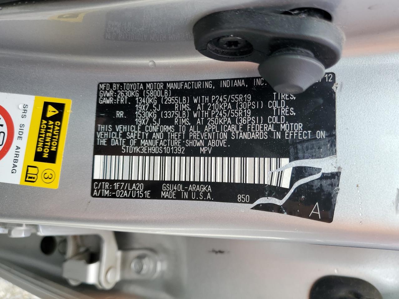 2013 Toyota Highlander Limited VIN: 5TDYK3EH9DS101392 Lot: 61488665