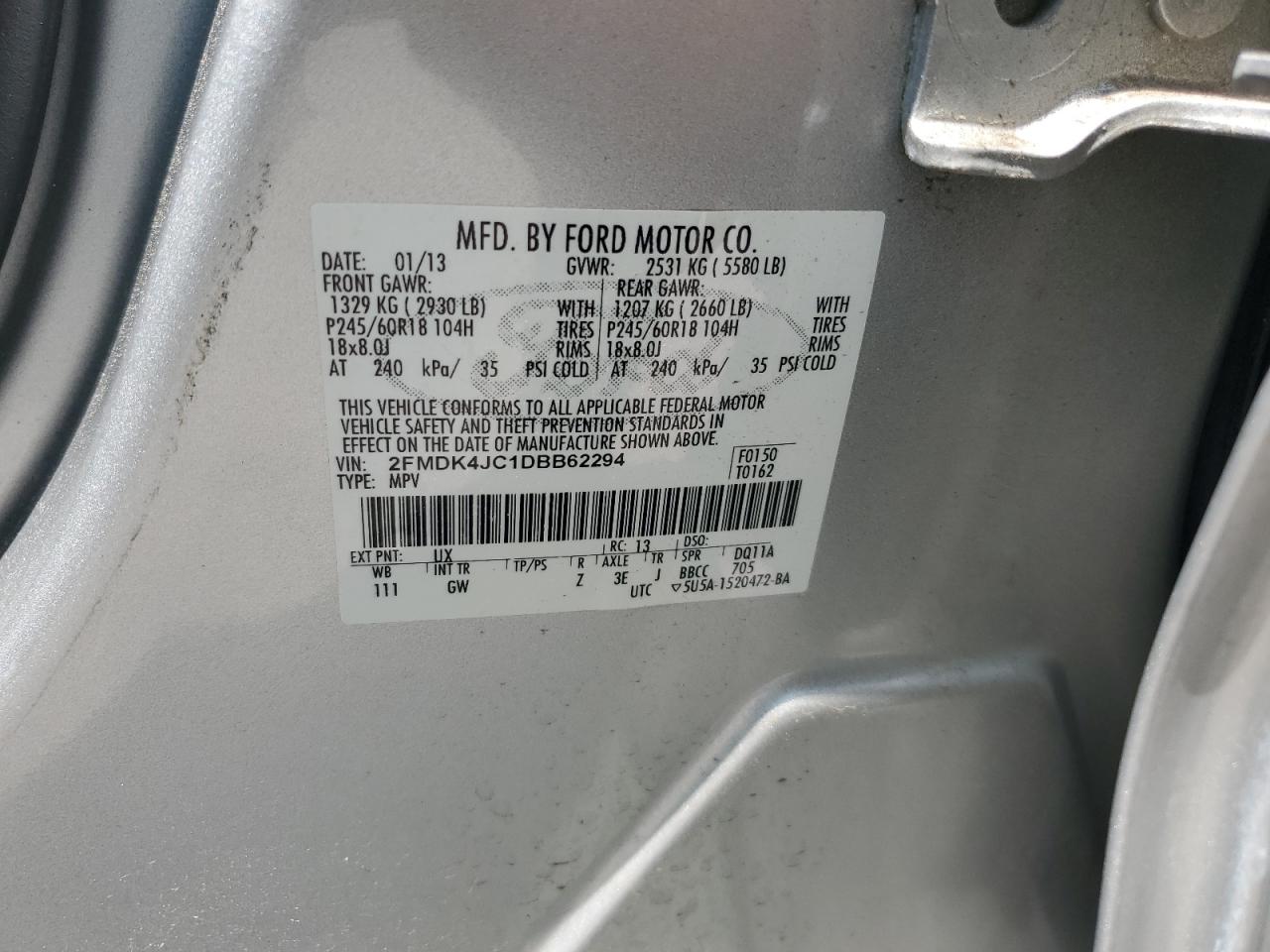 2013 Ford Edge Sel VIN: 2FMDK4JC1DBB62294 Lot: 61745205