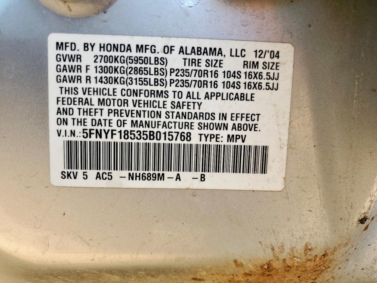 2005 Honda Pilot Exl VIN: 5FNYF18535B015768 Lot: 62832775