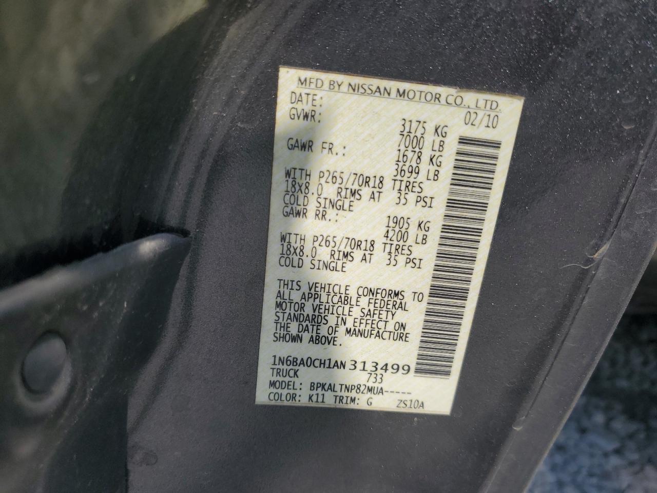 2010 Nissan Titan Xe VIN: 1N6BA0CH1AN313499 Lot: 62477765