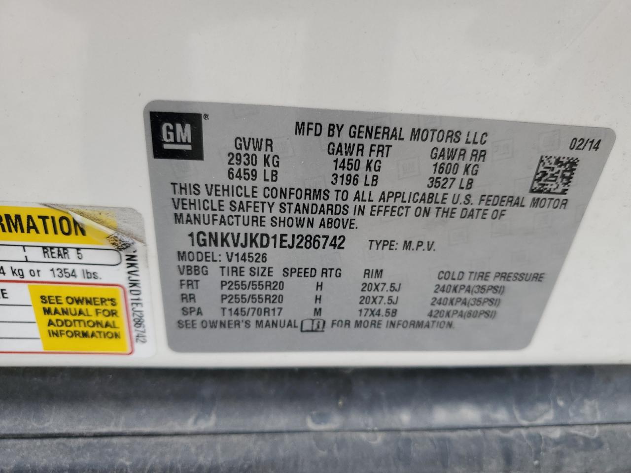 2014 Chevrolet Traverse Ltz VIN: 1GNKVJKD1EJ286742 Lot: 61975865