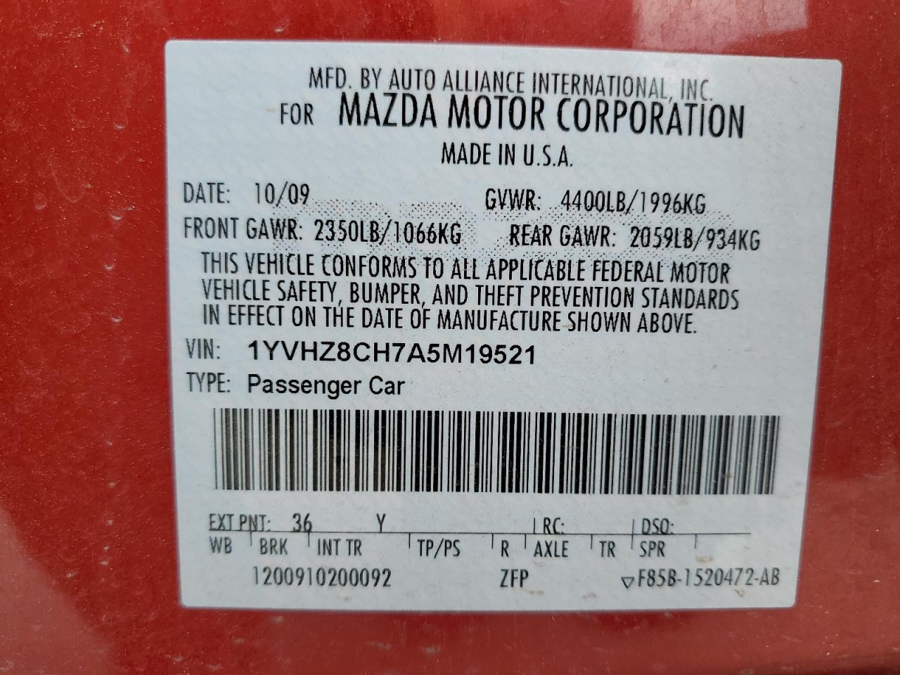 2010 Mazda 6 I VIN: 1YVHZ8CH7A5M19521 Lot: 62196225