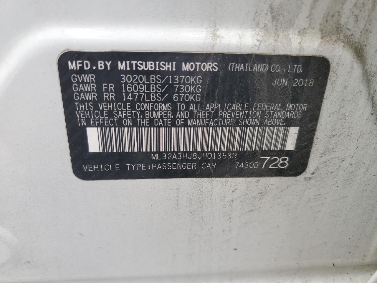 2018 Mitsubishi Mirage Es VIN: ML32A3HJ8JH013539 Lot: 62290975