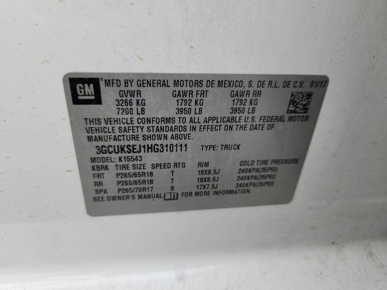 3GCUKSEJ1HG310111 CHEVROLET ALL Models 2017