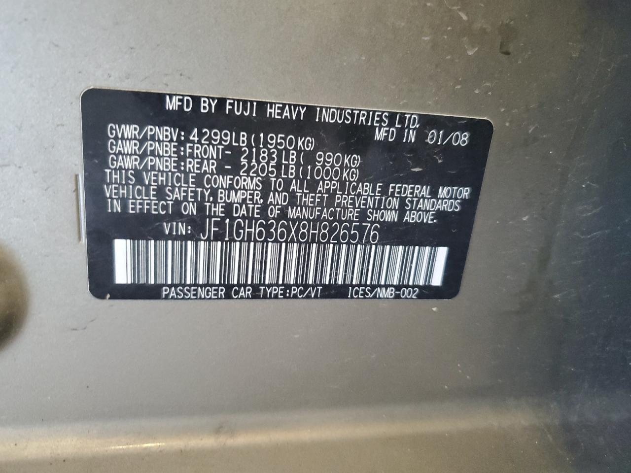 2008 Subaru Impreza Outback Sport VIN: JF1GH636X8H826576 Lot: 61738645