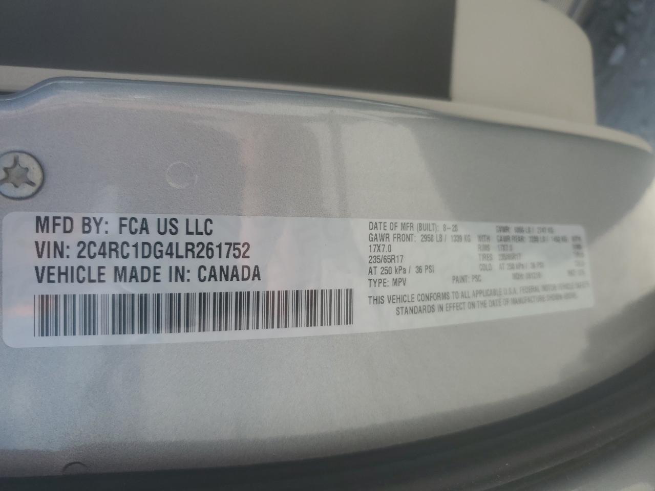 2020 Chrysler Voyager Lxi VIN: 2C4RC1DG4LR261752 Lot: 59955185