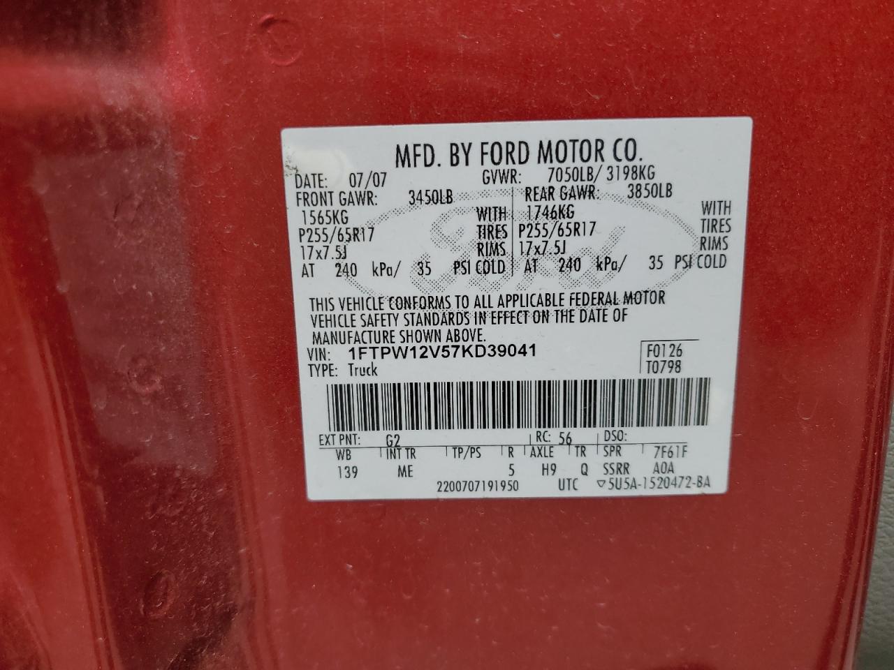 2007 Ford F150 Supercrew VIN: 1FTPW12V57KD39041 Lot: 62339095