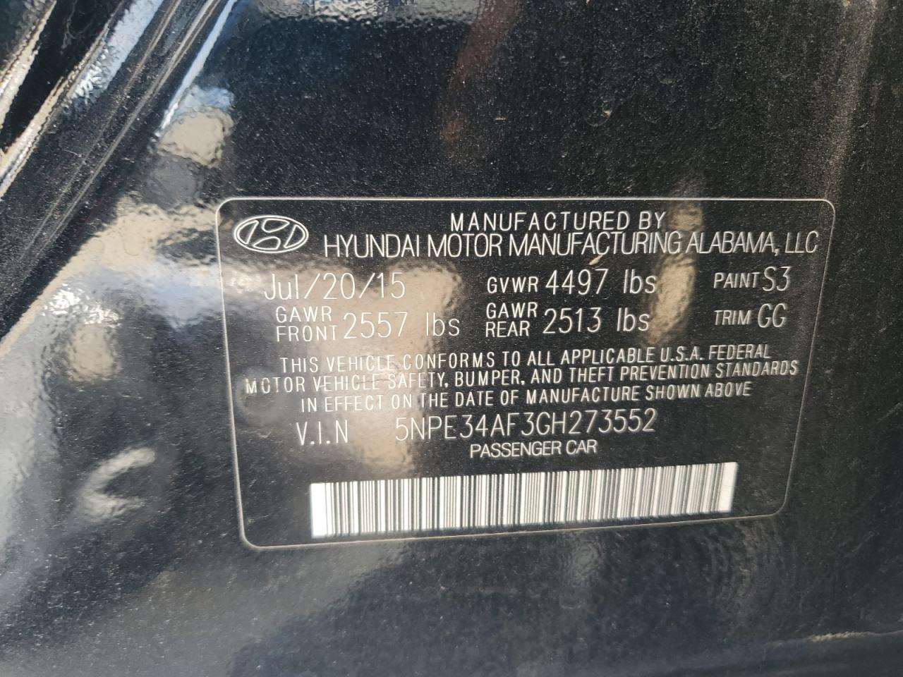 5npe34af3gh273552 5NPE34AF3GH273552 2016 Hyundai Sonata Sport