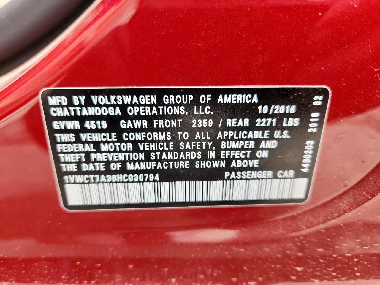 2017 Volkswagen Passat Sel Premium VIN: 1VWCT7A36HC030794 Lot: 61705305