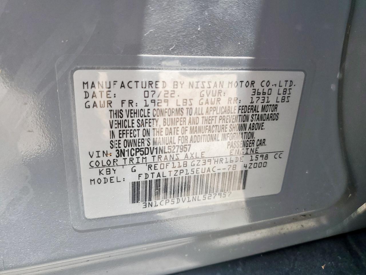 3N1CP5DV1NL527957 NISSAN KICKS 2022