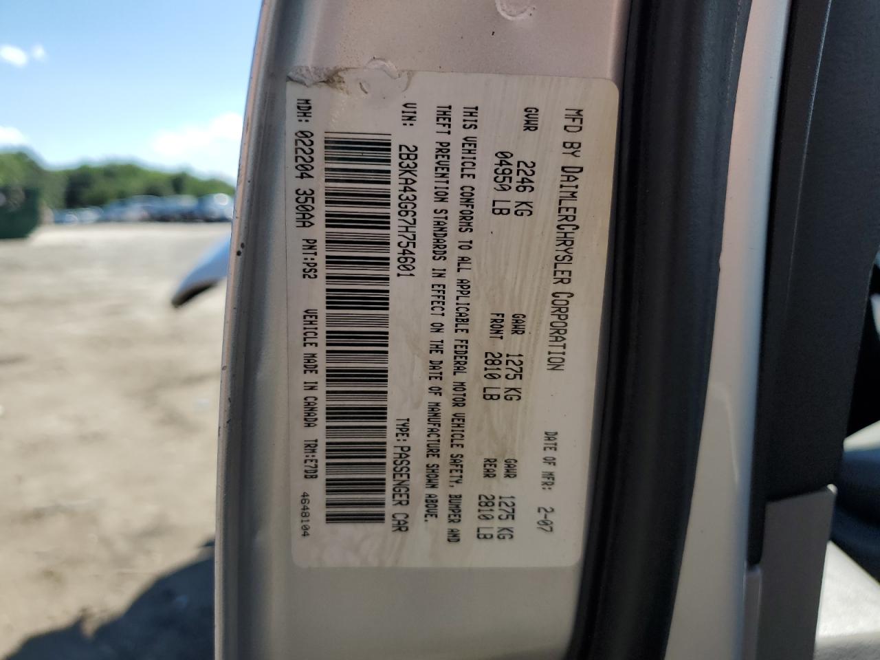 2007 Dodge Charger Se VIN: 2B3KA43G67H754601 Lot: 61531225