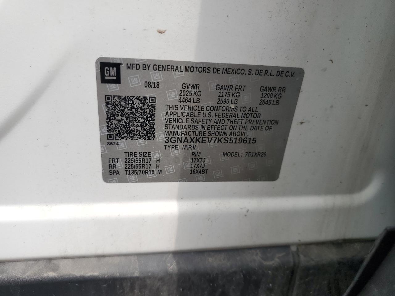 3GNAXKEV7KS519615 CHEVROLET EQUINOX 2019