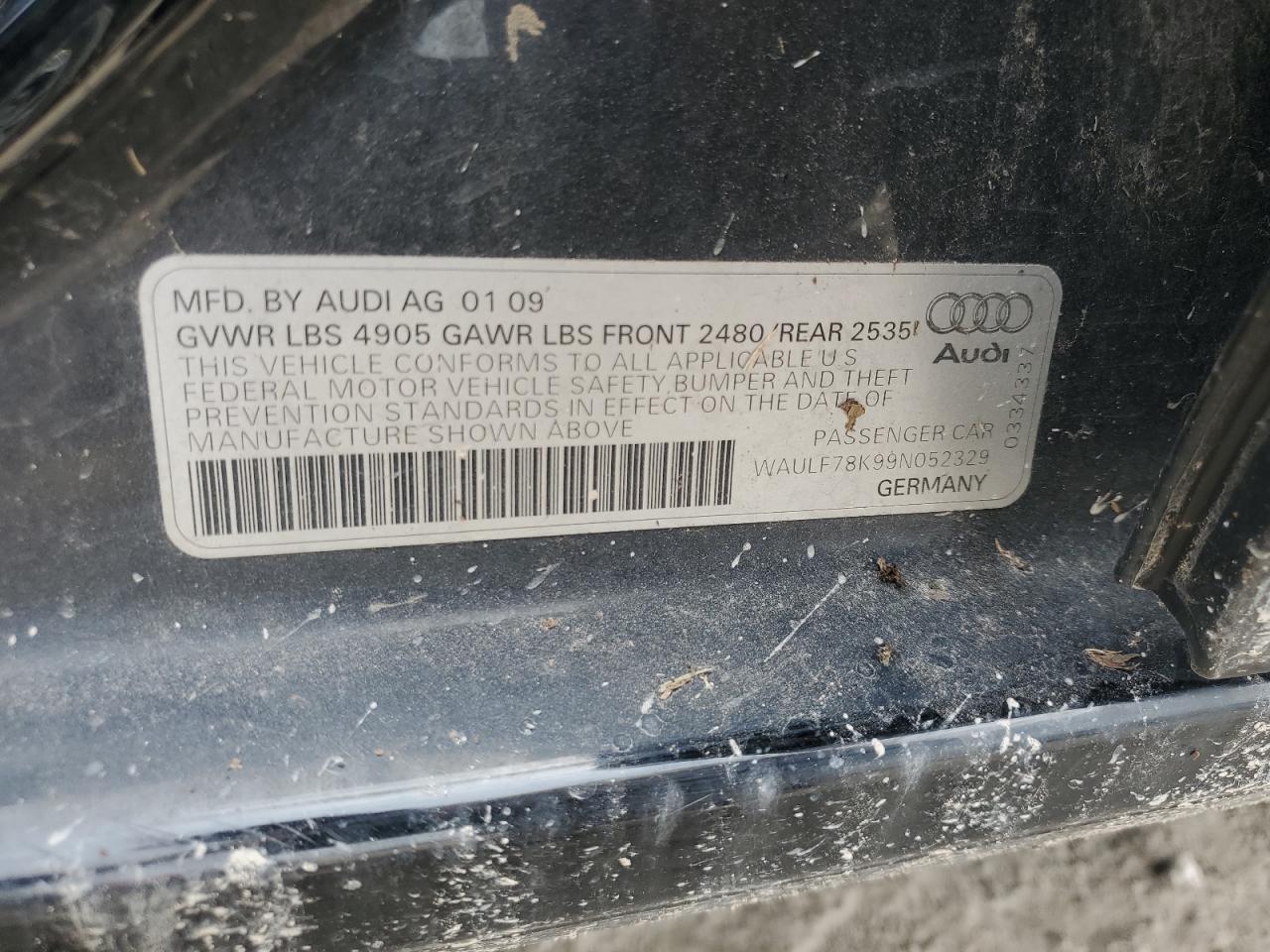 2009 Audi A4 2.0T Quattro VIN: WAULF78K99N052329 Lot: 62234585