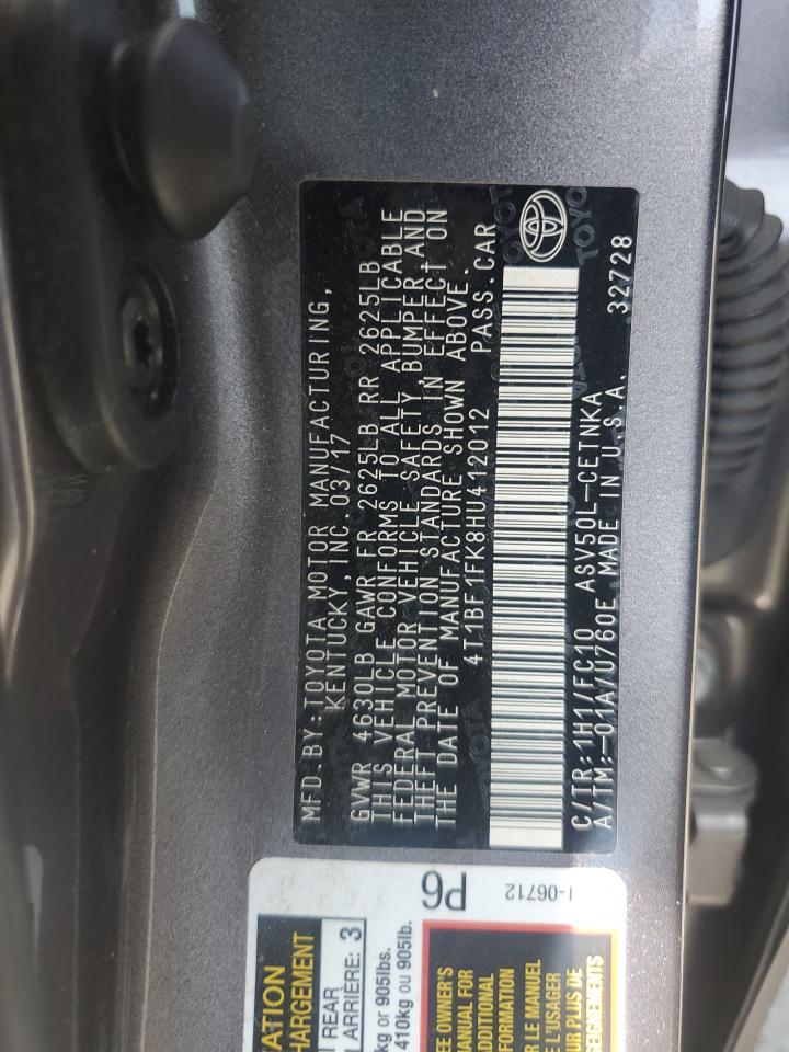 4T1BF1FK8HU412012 TOYOTA CAMRY 2017