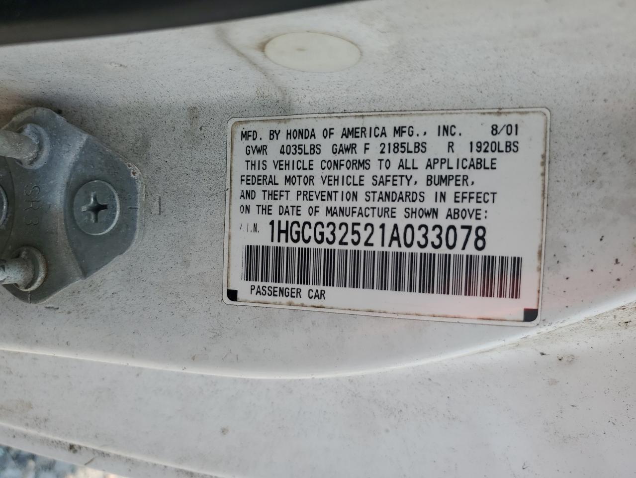 2001 Honda Accord Ex VIN: 1HGCG32521A033078 Lot: 58671165