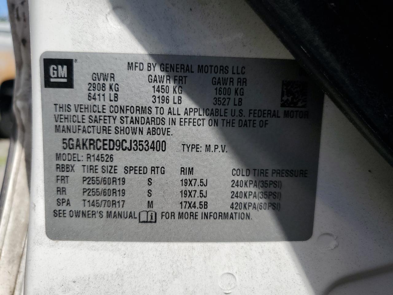 2012 Buick Enclave VIN: 5GAKRCED9CJ353400 Lot: 59999425