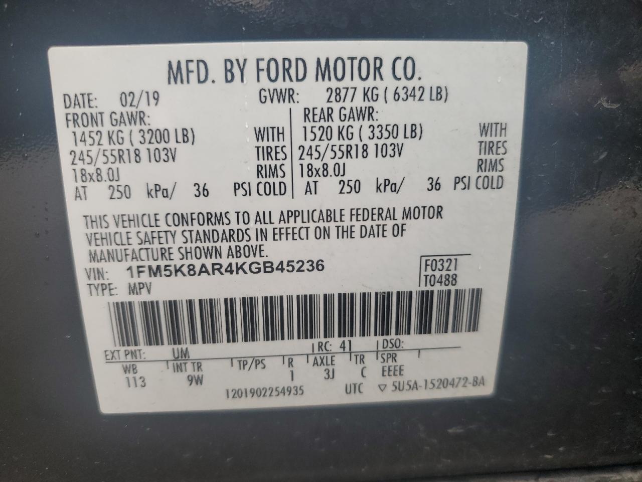 1FM5K8AR4KGB45236 FORD EXPLORER 2019