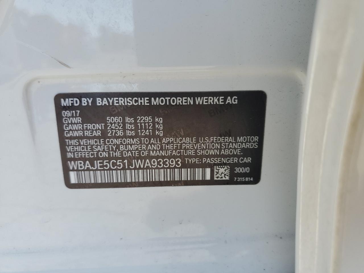 2018 BMW 540 I VIN: WBAJE5C51JWA93393 Lot: 62678805