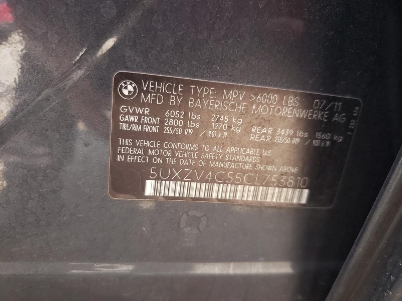 2012 BMW X5 xDrive35I VIN: 5UXZV4C55CL753810 Lot: 62405565