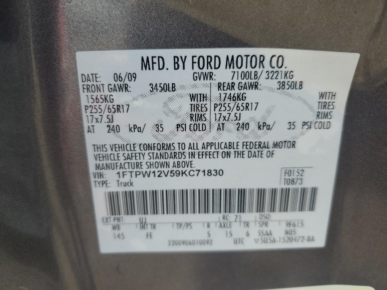 2009 Ford F150 Supercrew VIN: 1FTPW12V59KC71830 Lot: 60963675