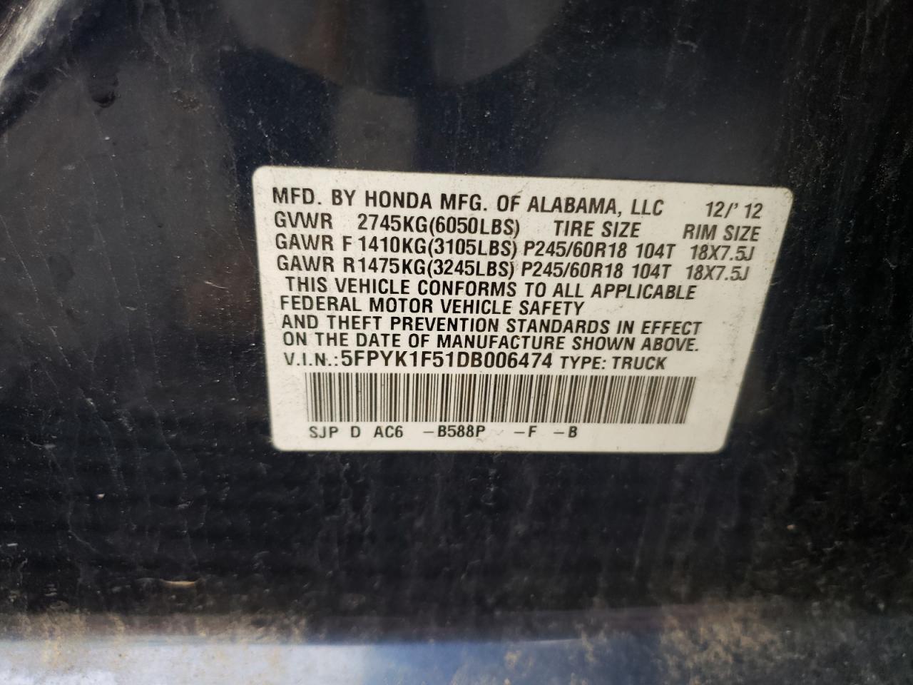 2013 Honda Ridgeline Rtl VIN: 5FPYK1F51DB006474 Lot: 60538955