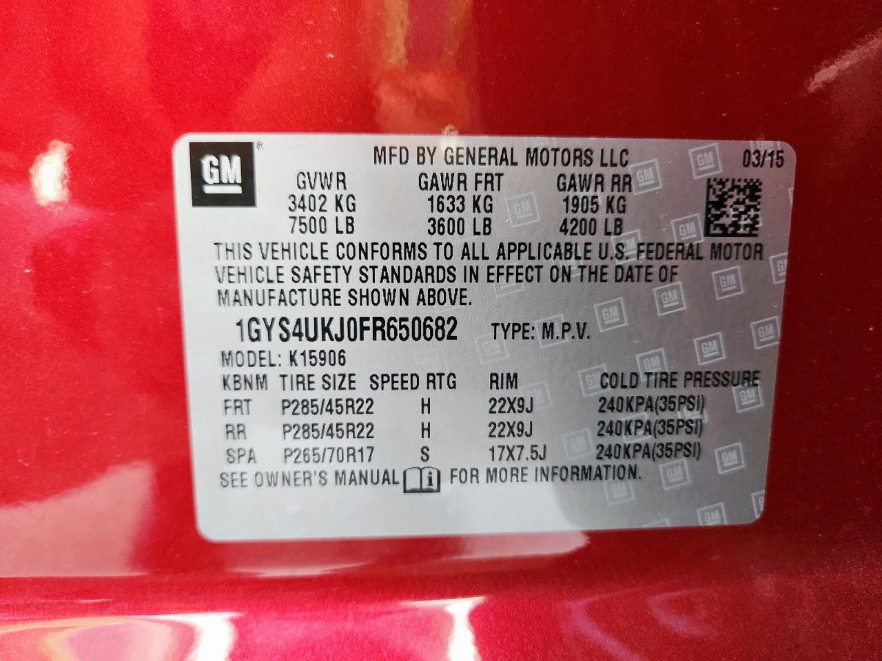 2015 Cadillac Escalade Esv Platinum VIN: 1GYS4UKJ0FR650682 Lot: 62464755