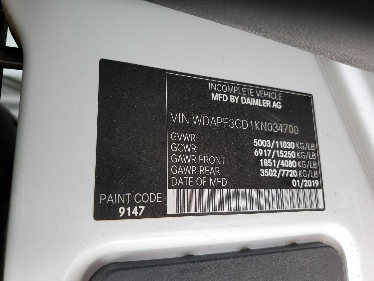 2019 Mercedes-Benz Sprinter 3500/4500 VIN: WDAPF3CD1KN034700 Lot: 61778945