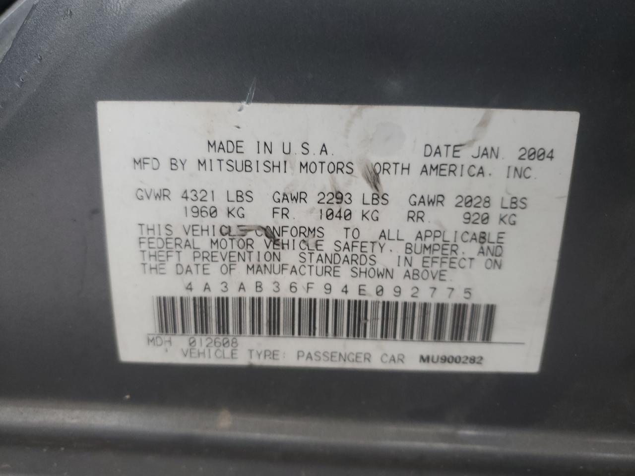 2004 Mitsubishi Galant Es Medium VIN: 4A3AB36F94E092775 Lot: 60190335