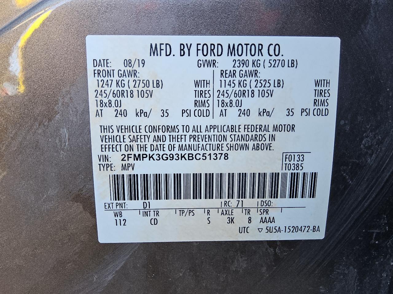 2019 Ford Edge Se VIN: 2FMPK3G93KBC51378 Lot: 61231395