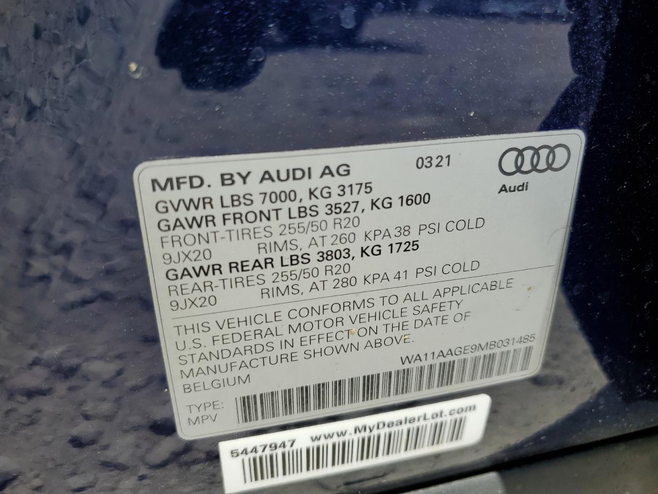 2021 Audi E-Tron Sportback Premium VIN: WA11AAGE9MB031485 Lot: 61032045