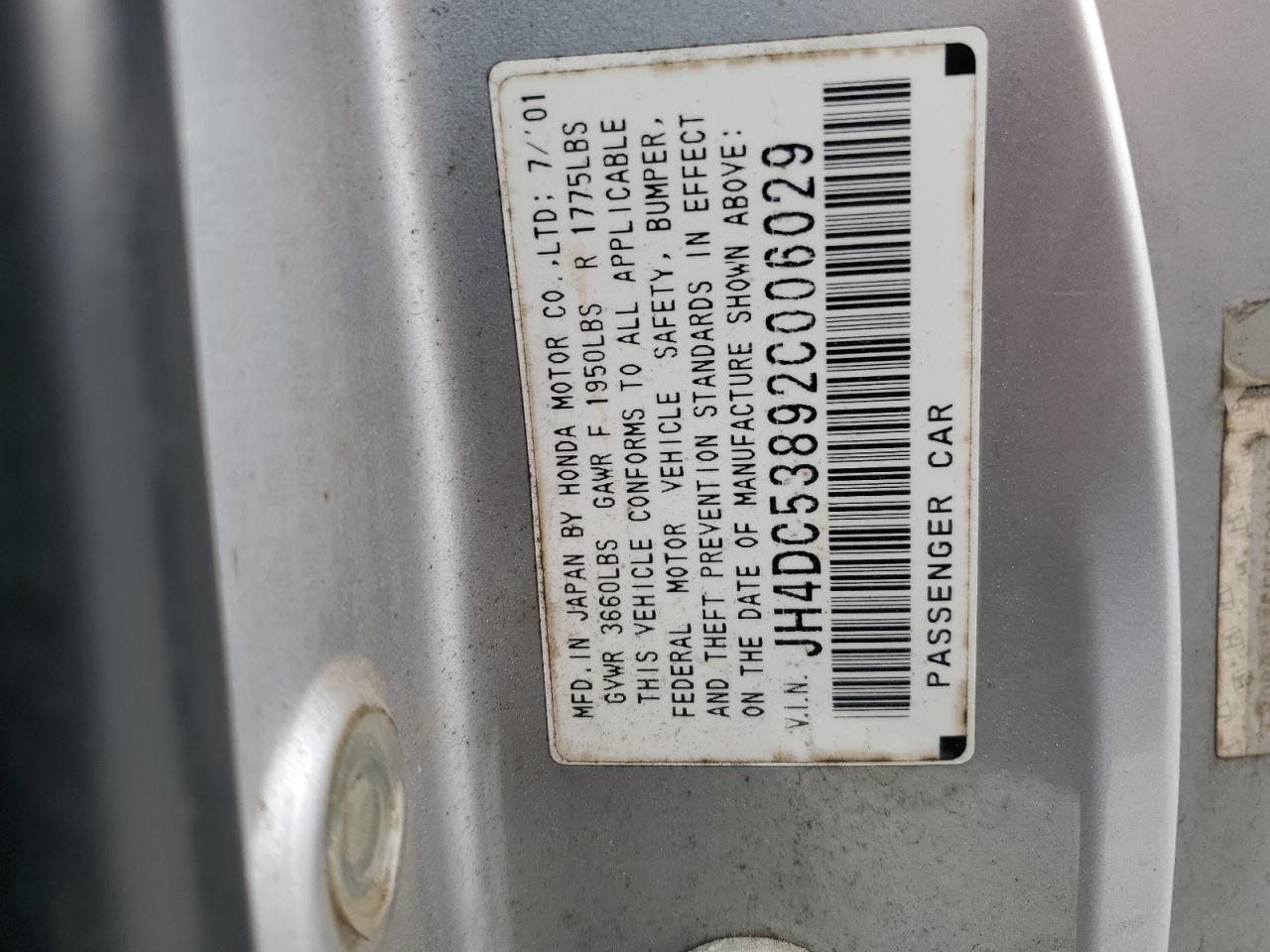 2002 Acura Rsx VIN: JH4DC53892C006029 Lot: 58138655
