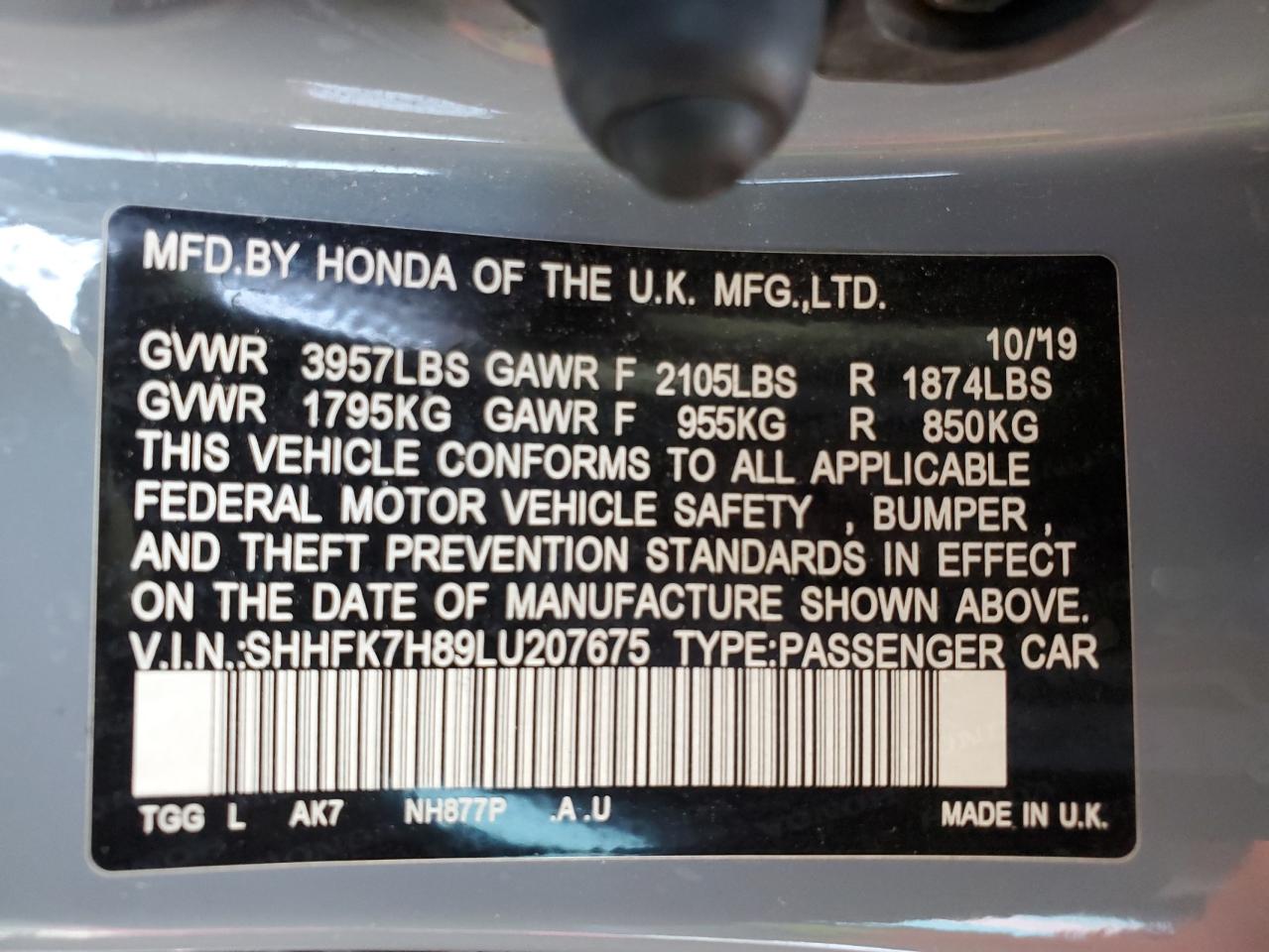 2020 Honda Civic Exl VIN: SHHFK7H89LU207675 Lot: 59582635