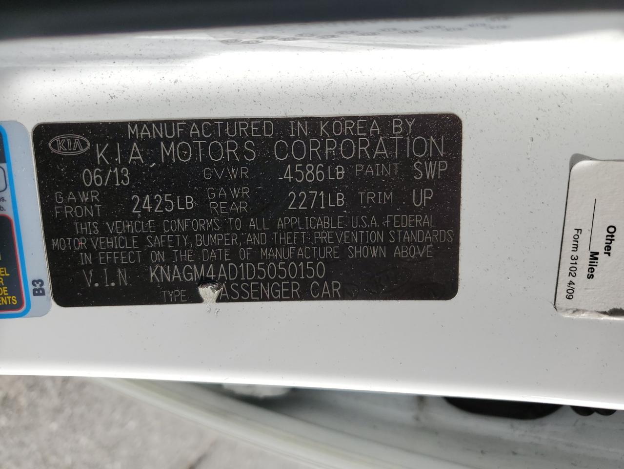 2013 Kia Optima Hybrid VIN: KNAGM4AD1D5050150 Lot: 59590285