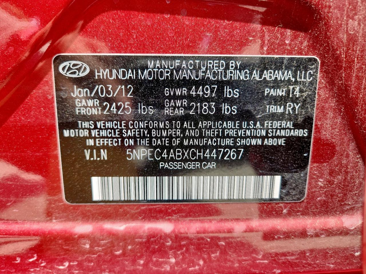 2012 Hyundai Sonata Se VIN: 5NPEC4ABXCH447267 Lot: 62556375