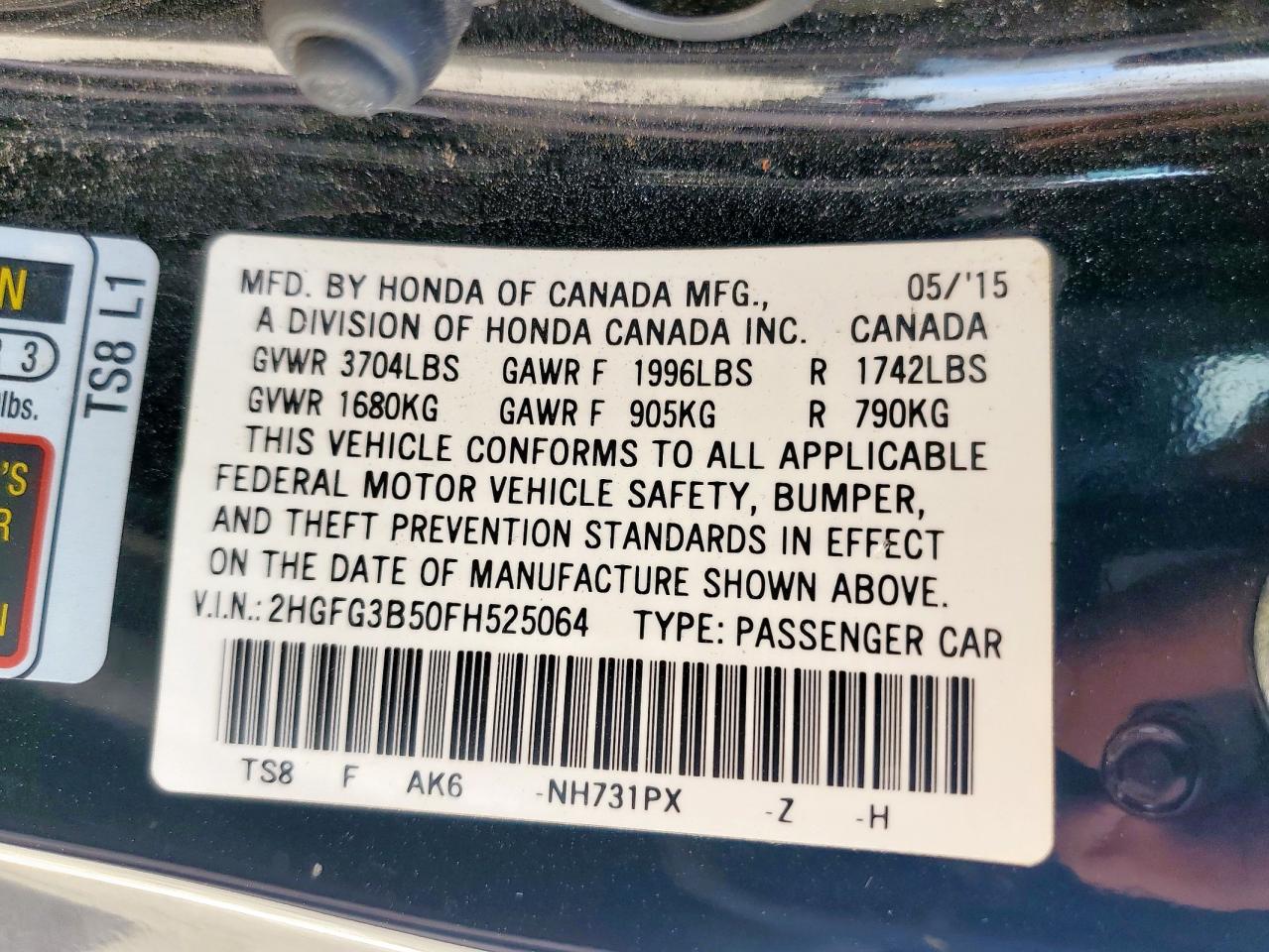 2015 Honda Civic Lx VIN: 2HGFG3B50FH525064 Lot: 61568655