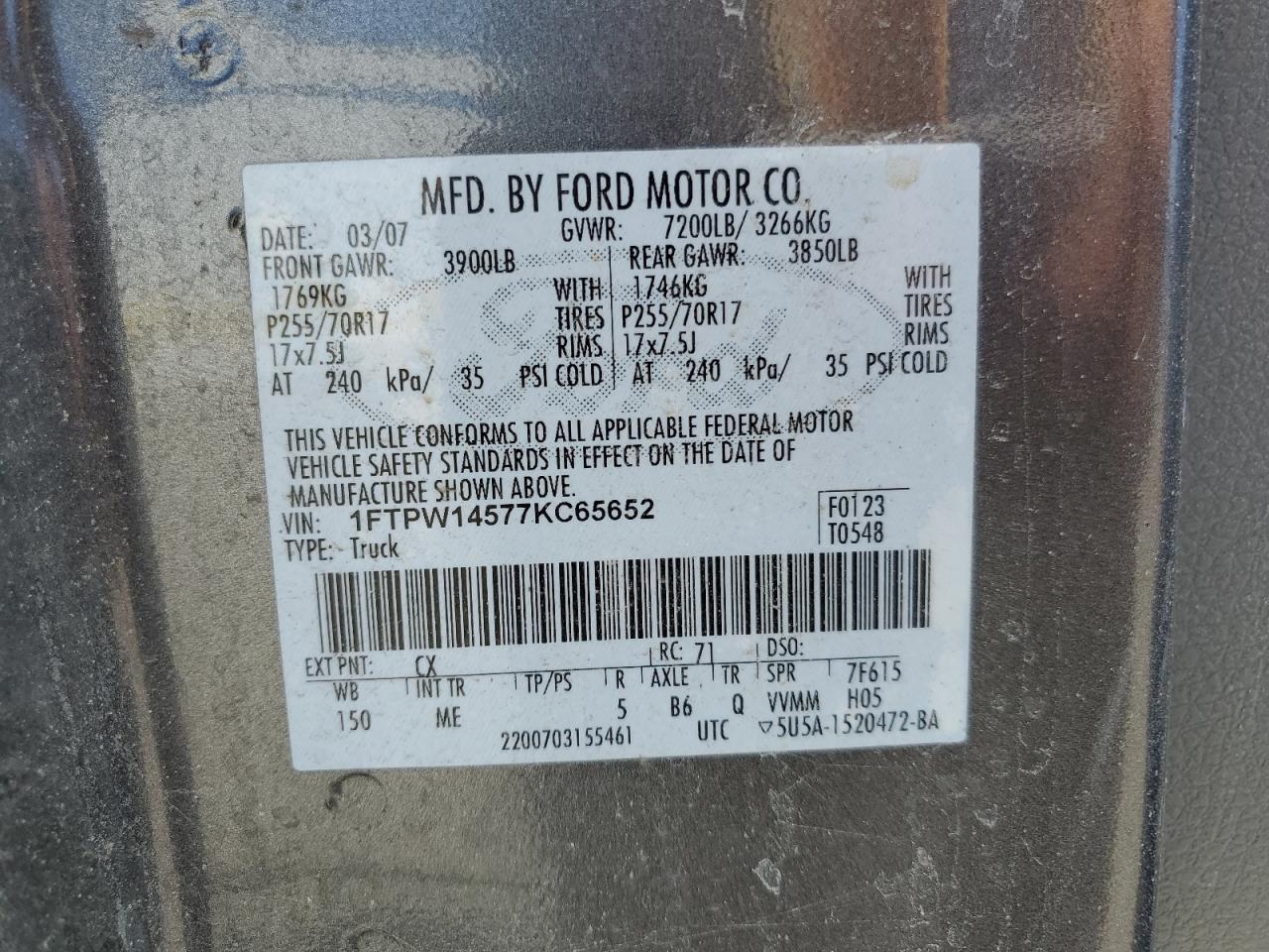2007 Ford F150 Supercrew VIN: 1FTPW14577KC65652 Lot: 62427335