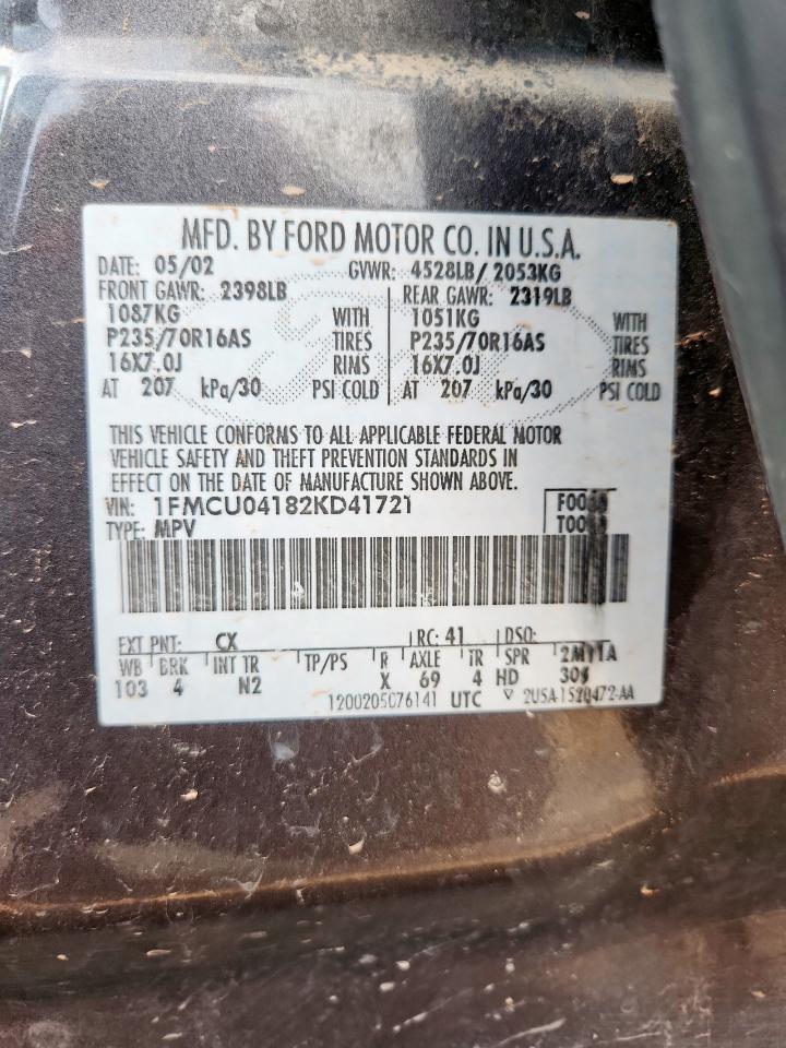 2002 Ford Escape Xlt VIN: 1FMCU04182KD41721 Lot: 60888385