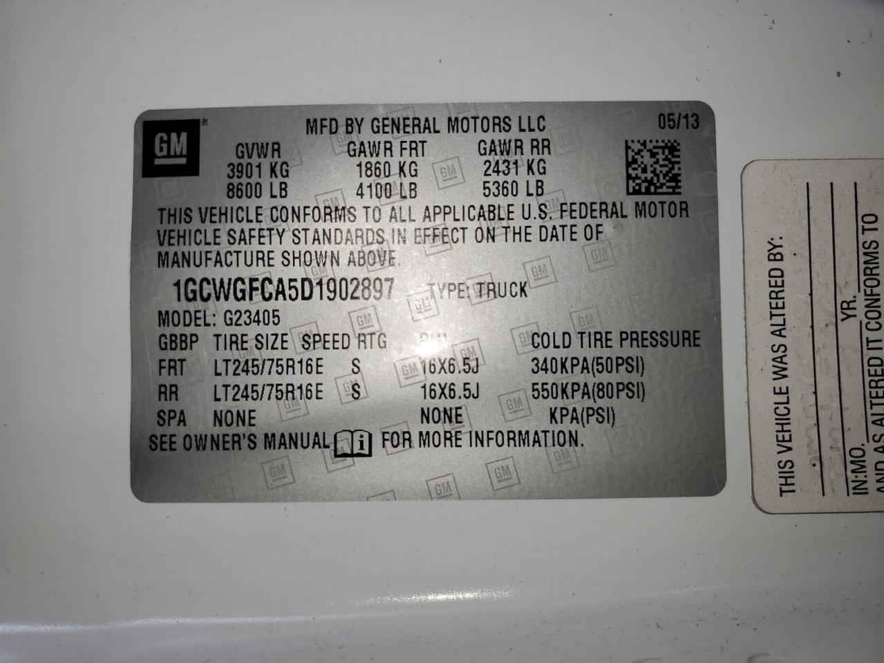 2013 Chevrolet Express G2500 VIN: 1GCWGFCA5D1902897 Lot: 60500495