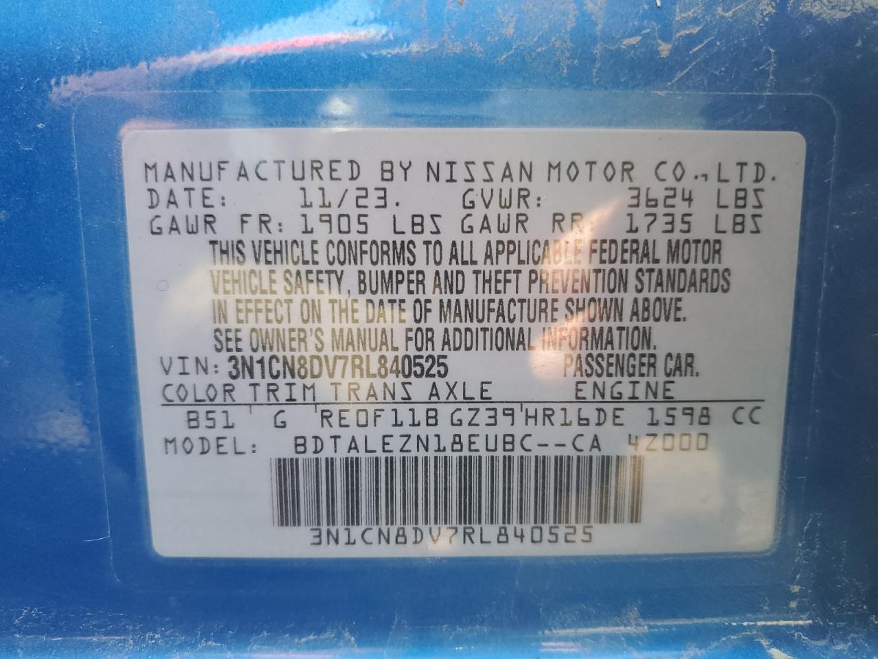 2024 Nissan Versa S VIN: 3N1CN8DV7RL840525 Lot: 63012265