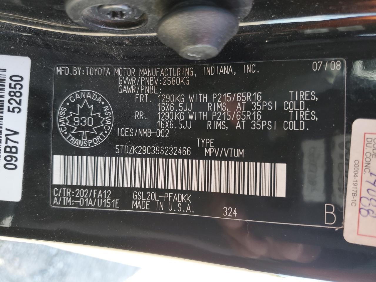 2009 Toyota Sienna Ce VIN: 5TDZK29C39S232466 Lot: 63228965