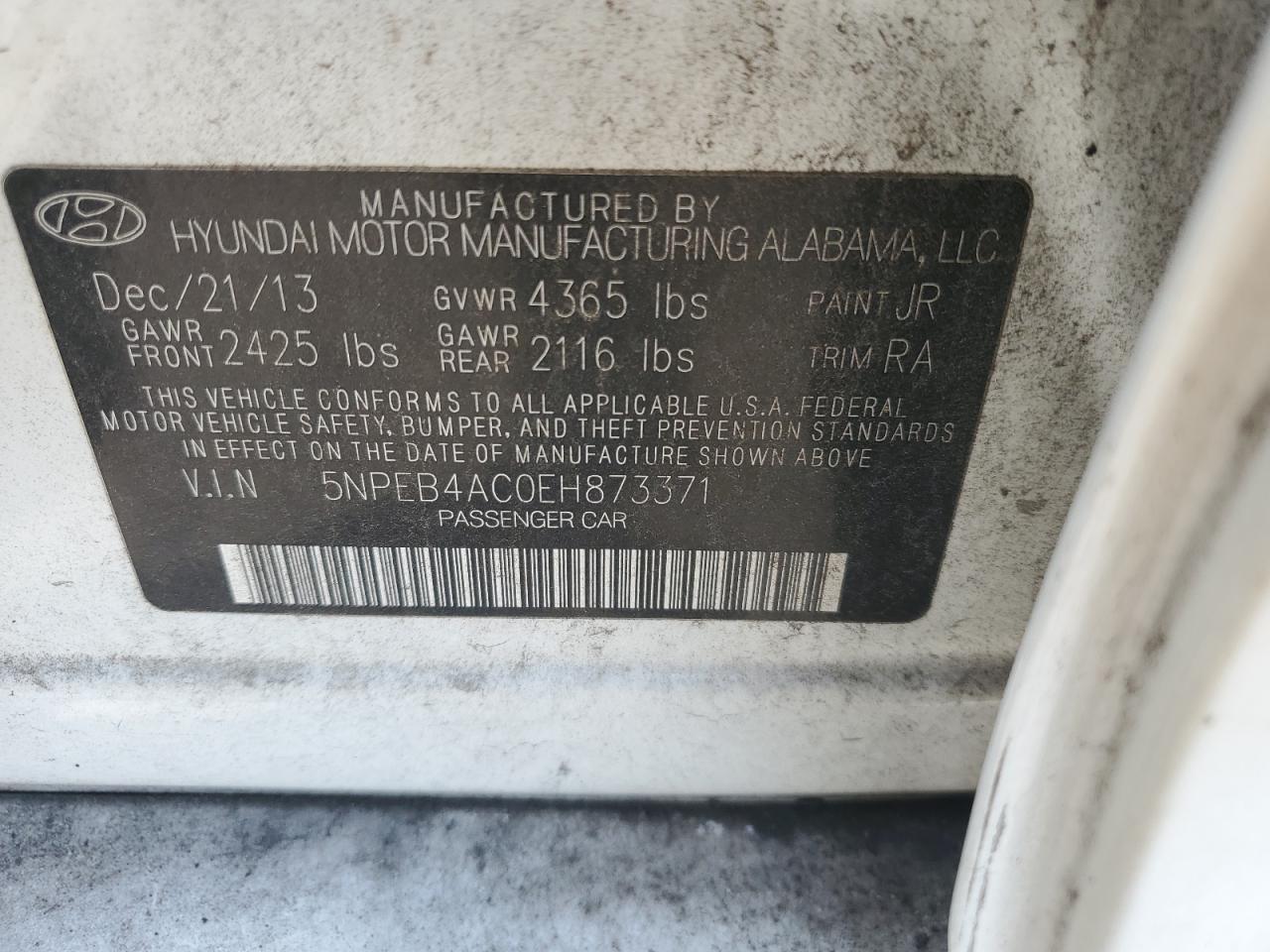 2014 Hyundai Sonata Gls VIN: 5NPEB4AC0EH873371 Lot: 60071755