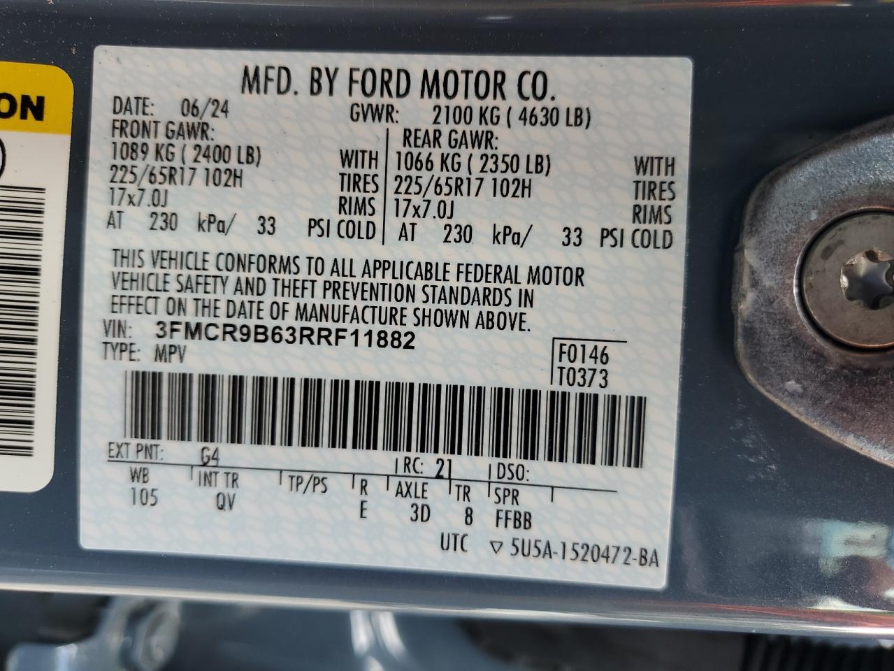 2024 Ford Bronco Sport Big Bend VIN: 3FMCR9B63RRF11882 Lot: 62336135
