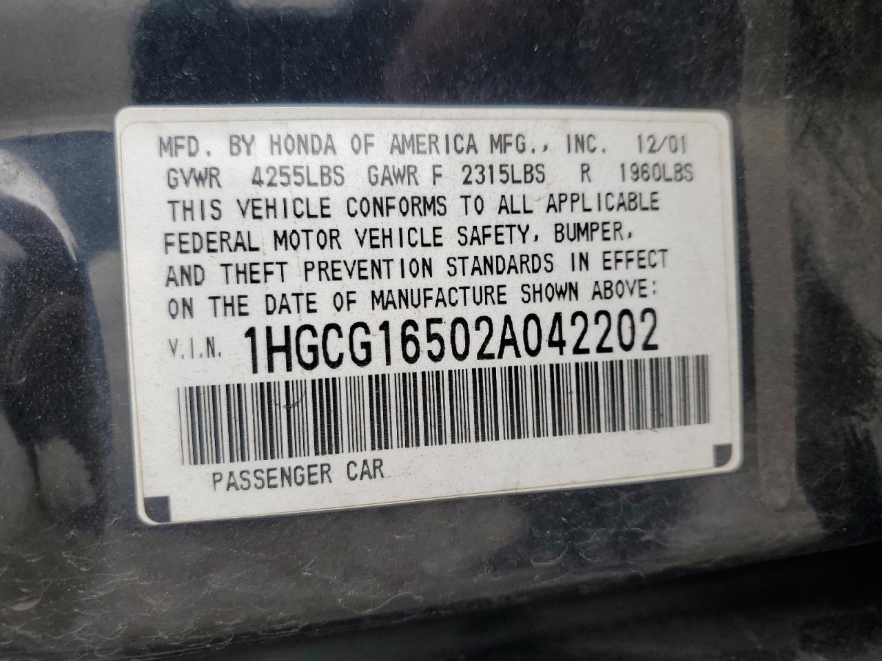HONDA ACCORD 2002 VIN 1HGCG16502A042202 zdjęcie 12
