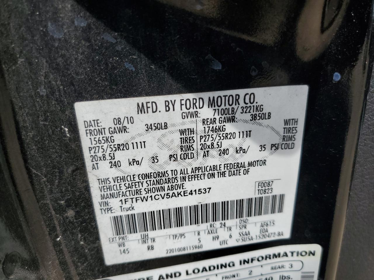 1FTFW1CV5AKE41537 2010 Ford F150 Supercrew