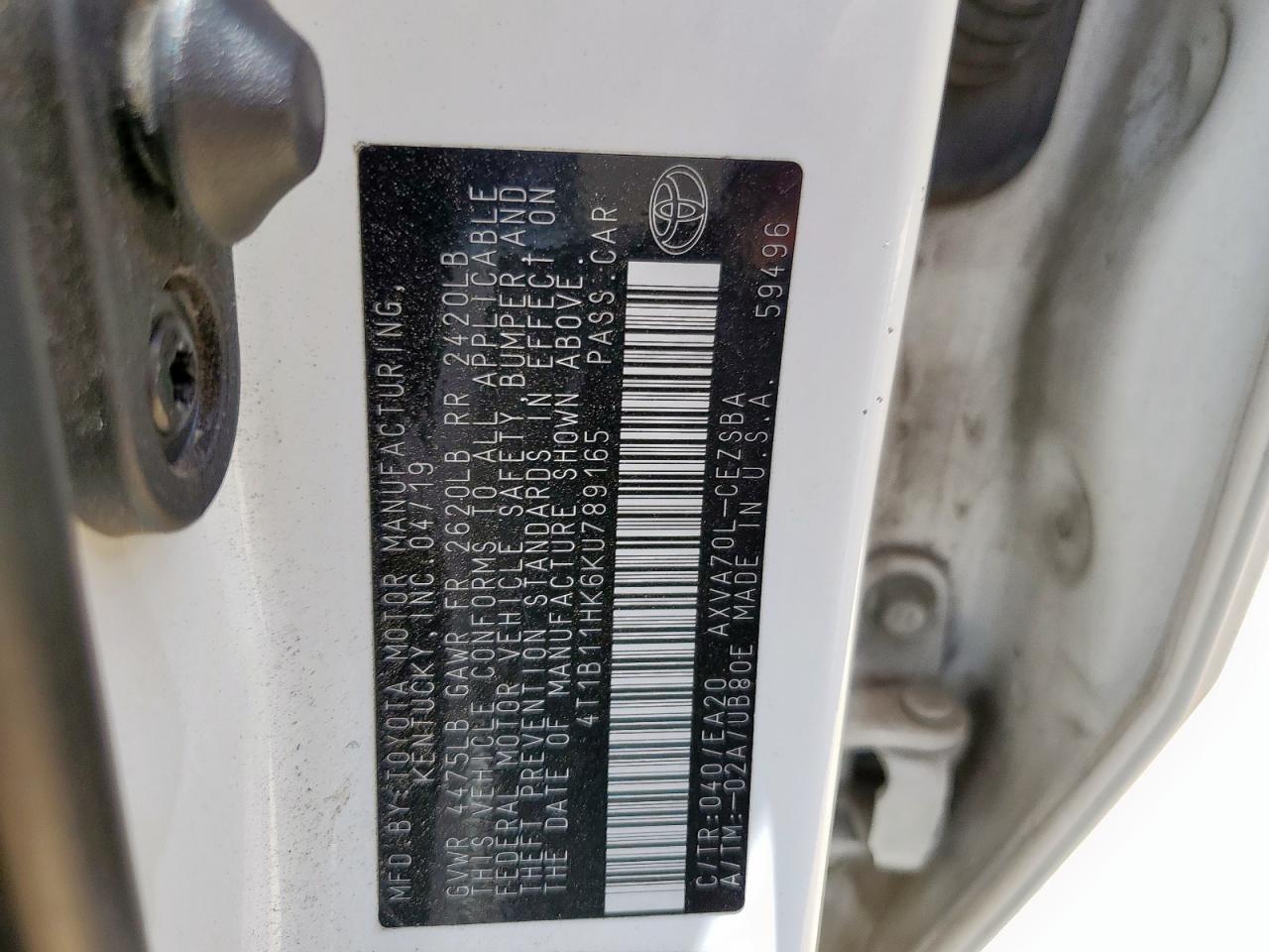 4T1B11HK6KU789165 TOYOTA CAMRY 2019