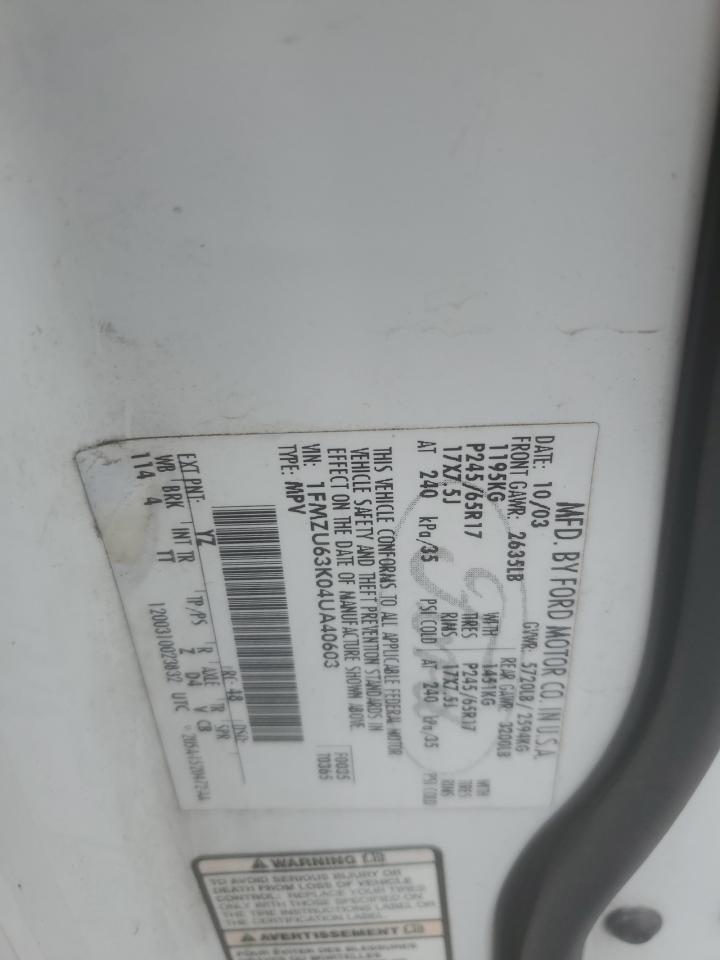 2004 Ford Explorer Xlt VIN: 1FMZU63K04UA40603 Lot: 62929745