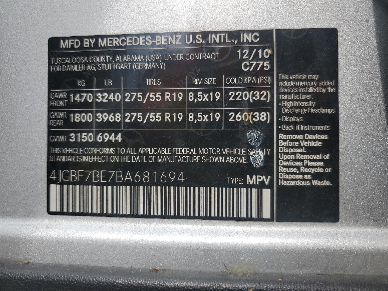 2011 Mercedes-Benz Gl 450 4Matic VIN: 4JGBF7BE7BA681694 Lot: 62542415