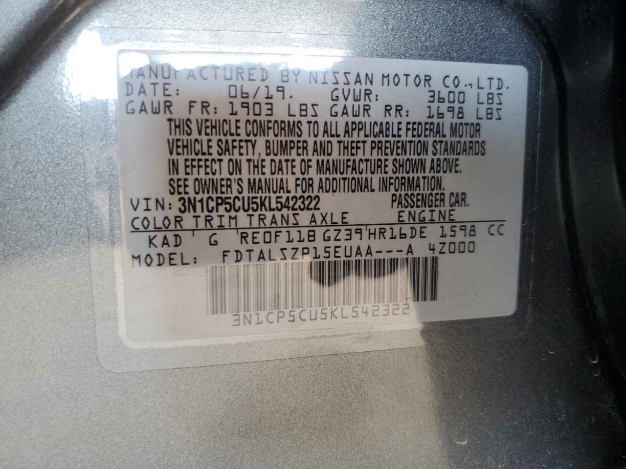 2019 Nissan Kicks S VIN: 3N1CP5CU5KL542322 Lot: 62188515