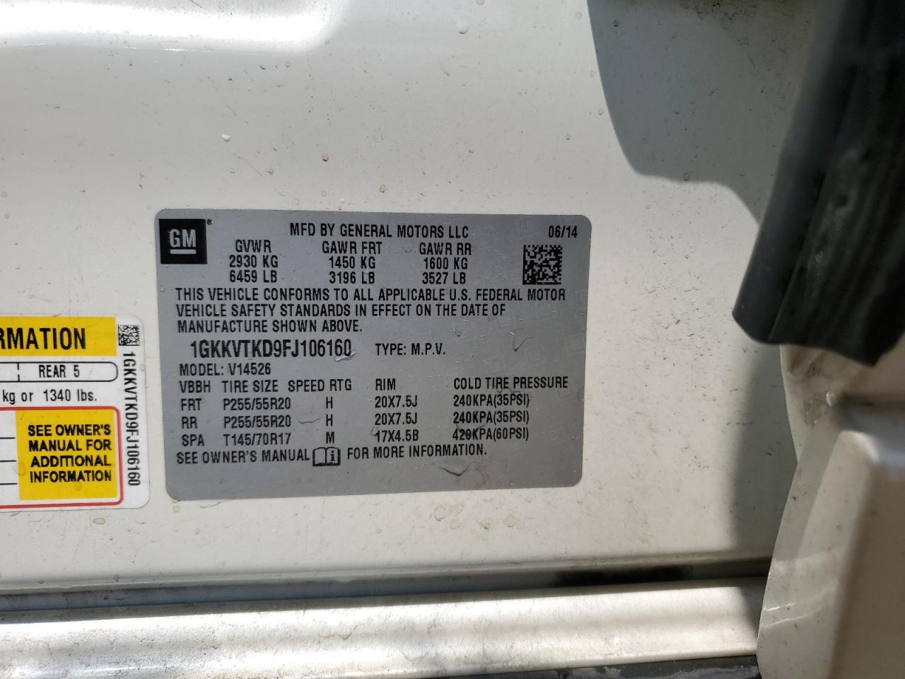 2015 GMC Acadia Denali VIN: 1GKKVTKD9FJ106160 Lot: 59504665