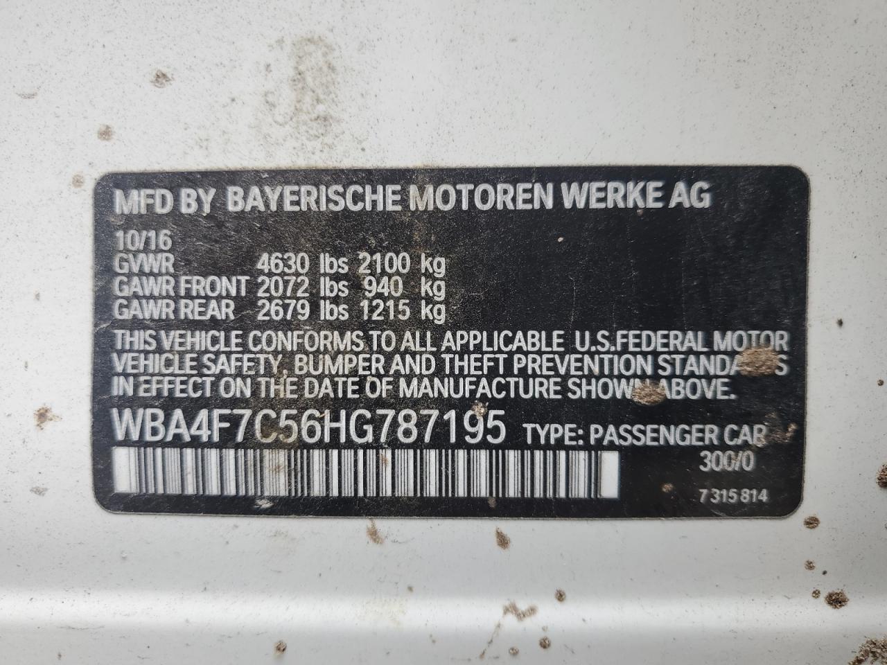 2017 BMW 430I Gran Coupe VIN: WBA4F7C56HG787195 Lot: 62080725